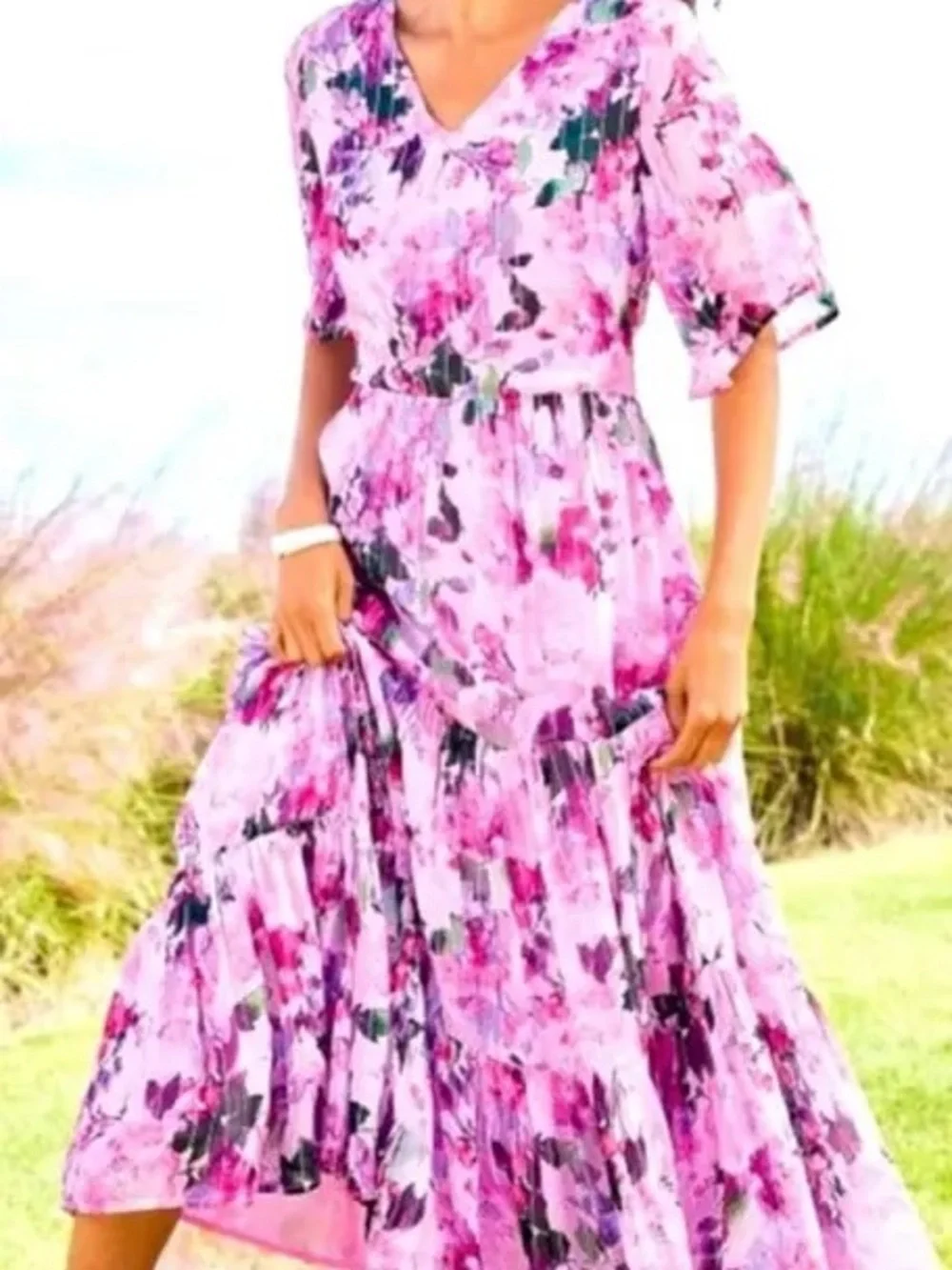 Soft Surroundings Pink Garden Romantic Tiered Santhia Maxi Dress ~ L ~ NWT - Picture 2 of 10